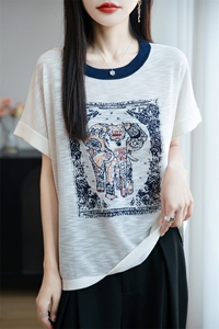 夏季新款竹节麻拼色圆领大象印染短袖百搭显瘦上衣时尚休闲T恤图片