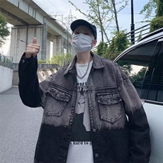 春季新款美式男夹克灰拼黑渐变复古牛仔外套W100P55，男装夹克，星座1116-2