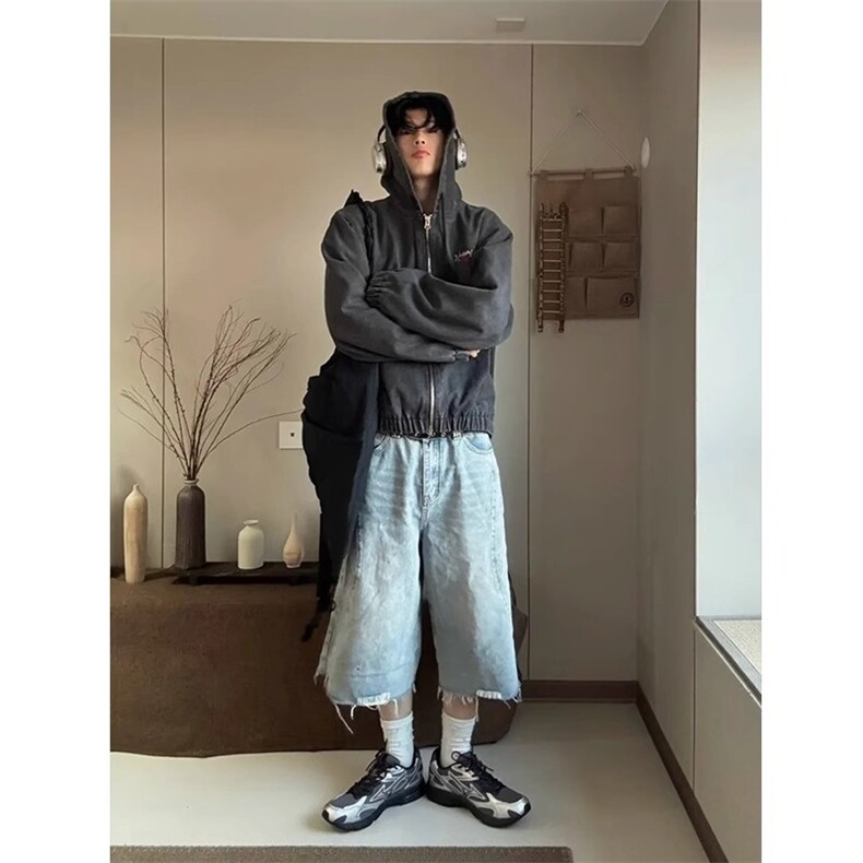 高腰显瘦直筒裙下摆不规则磨破洞设计前开叉个性时尚半身裙牛仔裙,男装休闲裤,四季星座505