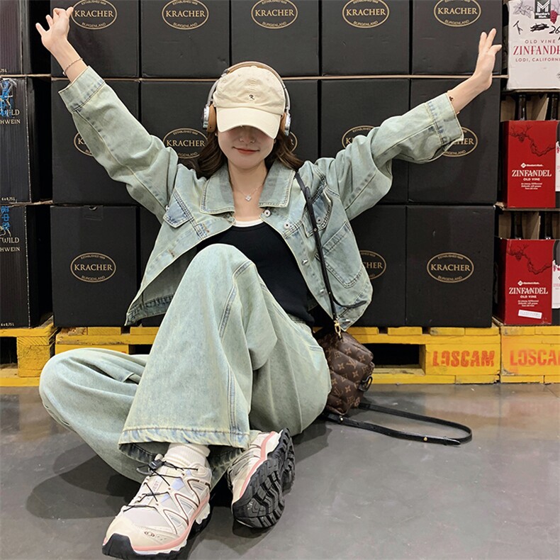 美式复古时髦牛仔上衣阔腿裤两件套女2025秋季新款高级感减龄套装,女装套装/套裙,1D060