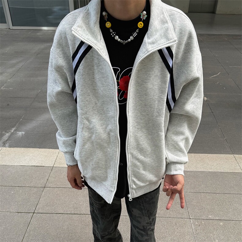 抖音得物高品质二开25秋冬美式重磅结构织带撞色立领卫衣外套W70,男装卫衣,电商A486