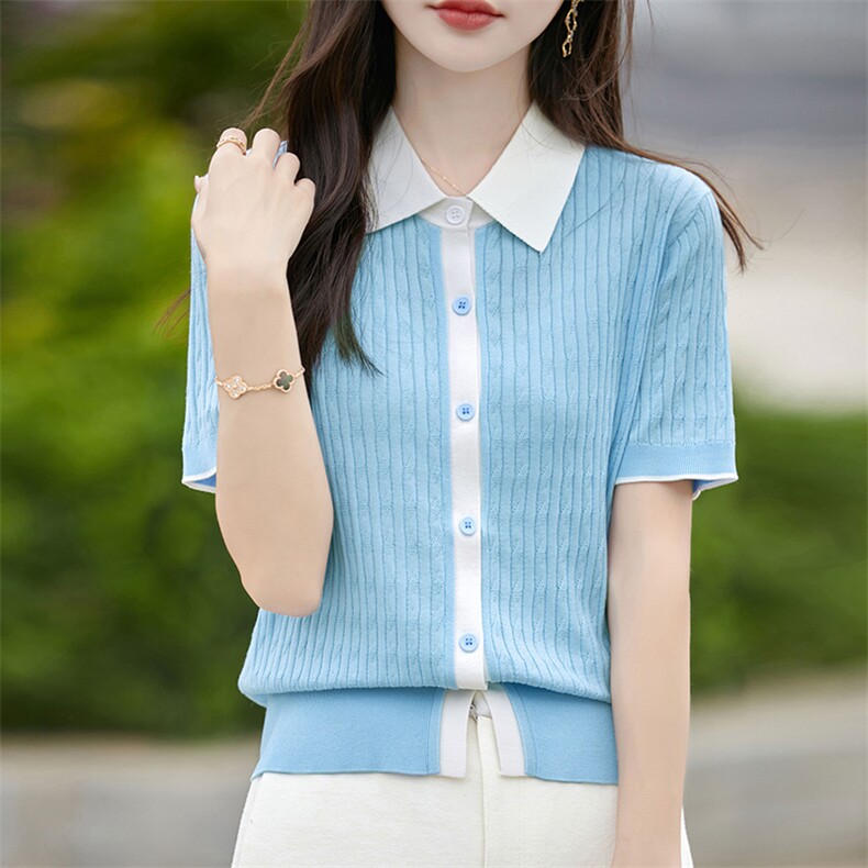 限时优惠柔软拼色短袖针织开衫2025新款POLO领正肩女宽松大码上衣,针织衫/毛衣,暖烁羊绒