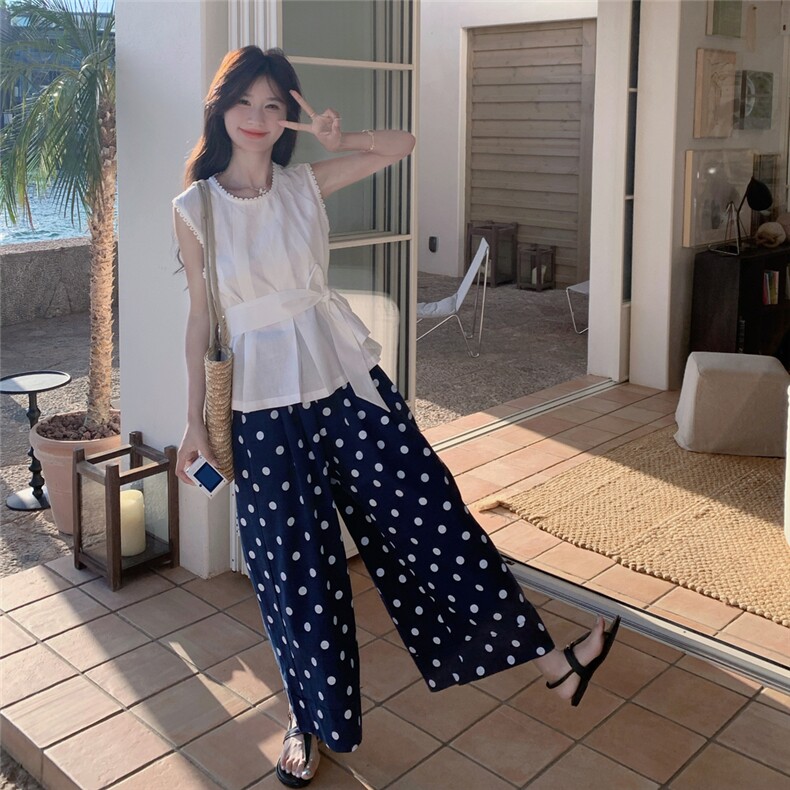 法式棉麻波点无袖套装女2025夏新款时尚显瘦气质女神范高端两件套,女装套装/套裙,2D076