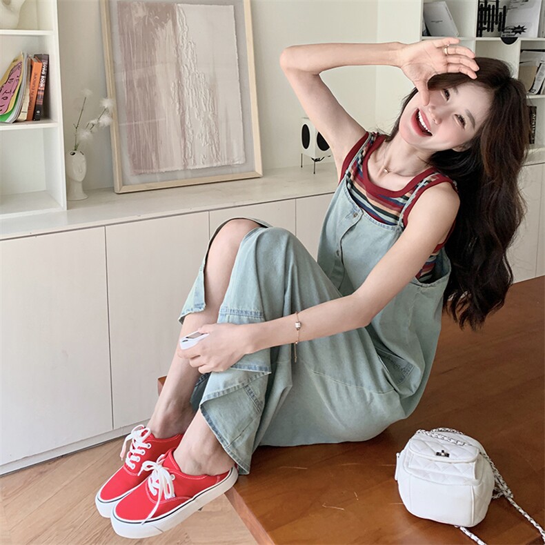 彩色条纹背心T恤牛仔背带裙女夏季宽松休闲无袖连衣裙两件套,女装连衣裙,2C166