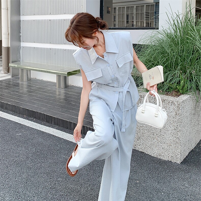 浅蓝色轻熟风廓形马甲阔腿裤套装女2025夏季新款韩系高级感两件套,女装套装/套裙,2C317A
