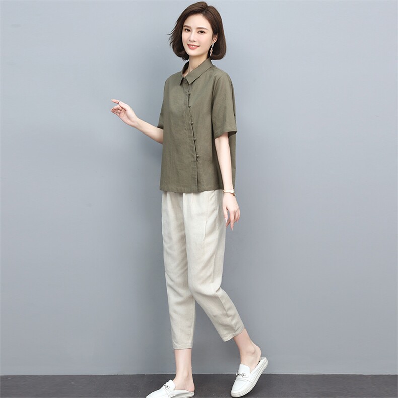 时尚休闲套装女2025新款夏装薄款棉麻翻领韩版宽松显瘦洋气两件套,女装套装/套裙,忆绮罗