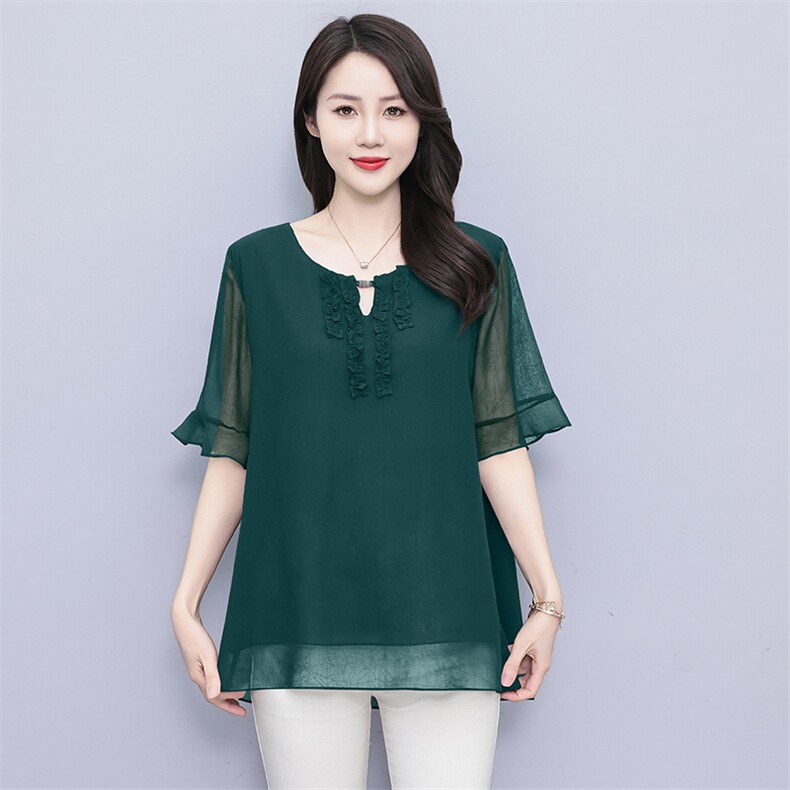 大码雪纺小衫夏季短袖衬衫T恤宽松中年胖妈妈装200斤胖MM冰丝上衣，女装蕾丝衫/雪纺衫，深妍伊美
