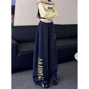 美式字母印花运动卫裤男女秋冬宽松垂感显瘦跳舞阔腿直筒休闲裤图片