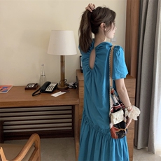 洋气显白度假风短袖连衣裙女2025夏新款韩系ins风宽松中长款裙子，女装连衣裙，2C158
