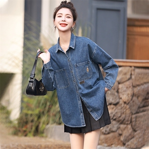 欧洲站牛仔衬衫女中长款2024春秋新款韩版宽松小个子衬衣外套上衣图片