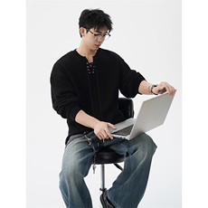 肌理感竖条纹v领系带针织衫男宽松长袖T恤上衣打底衫CX3007P58，男装T恤，电商D206-1