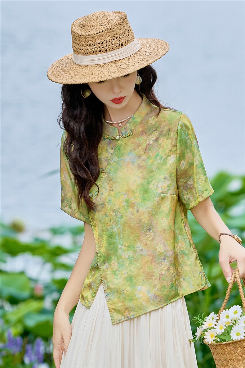 现货2026年夏季新款中老年妈式复古短袖小衬衫盘扣开衫上衣T恤女,女装衬衫,璐依舞