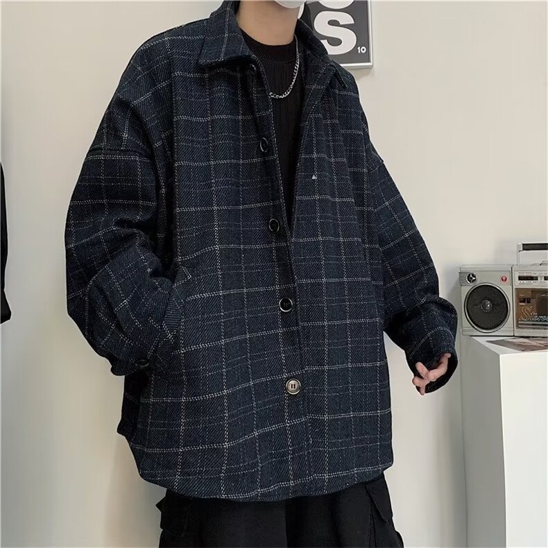 外套男秋冬加厚格子韩版宽松潮流港风新款复古毛呢夹克JA36-P62,男装夹克,星座208-5