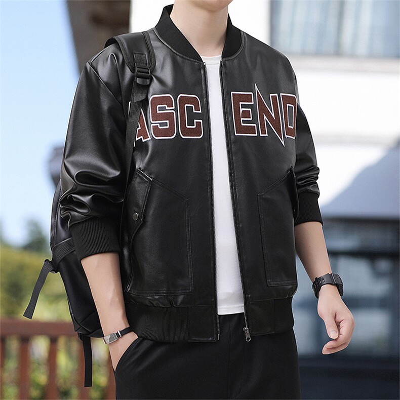 秋季大码2XL-8XL男士休闲棒球领绣花皮衣夹克外套图片