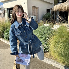 蓝色中长款系带收腰牛仔羽绒服女2026冬新款气质保暖90白鸭绒外套，女装羽绒服，2C159