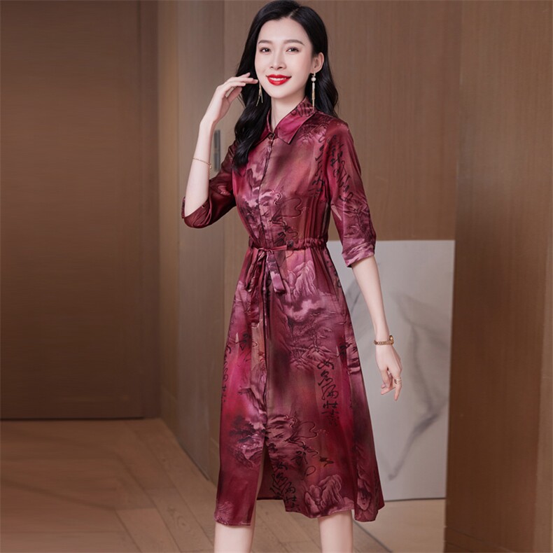 重磅真丝连衣裙女夏季2026新款拼接复古风印花显瘦真丝裙子，女装连衣裙，阿舍尔精品