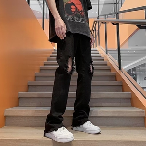高街黑色膝盖破洞牛仔裤vibe风嘻哈夏季薄款直筒喇叭裤子男CK003图片