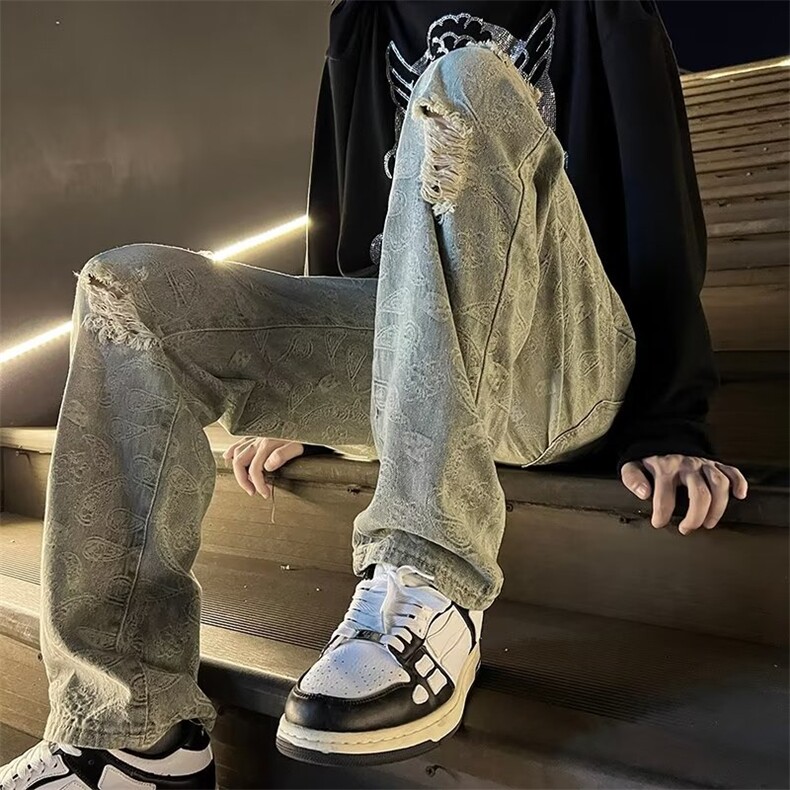 美式高街水洗做旧割破洞牛仔裤vibe风N2205P42图片