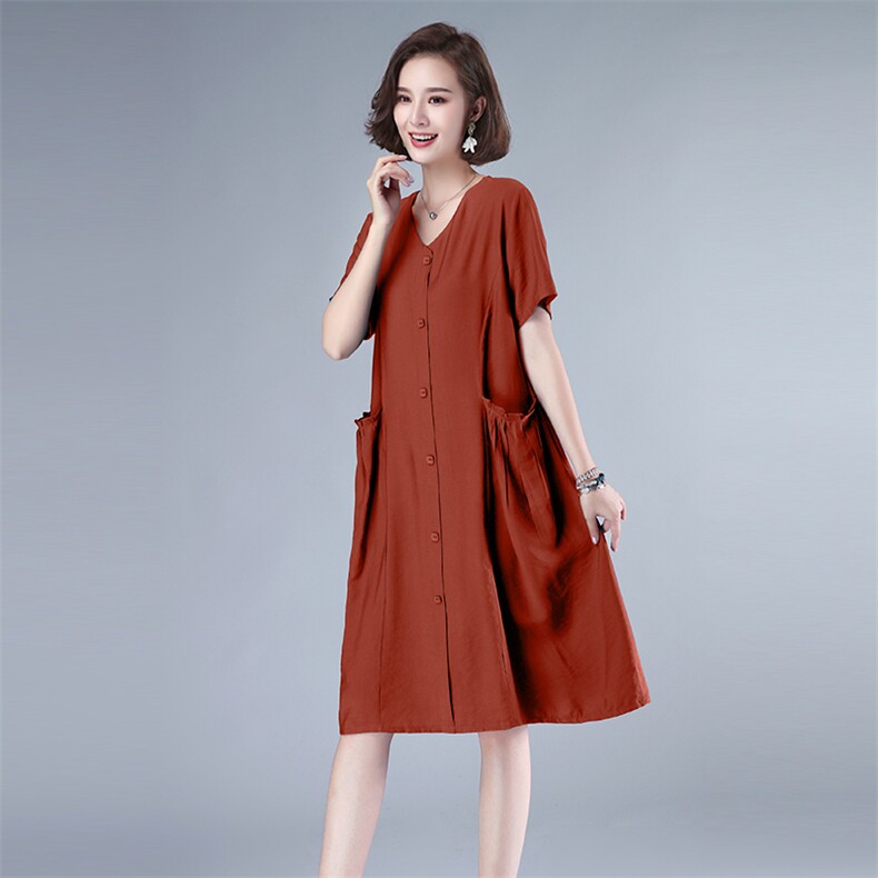 2021夏季新款大码女装连衣裙宽松显瘦V领短袖长裙时尚百搭气质淑女裙,女装连衣裙,秋牧寒烟