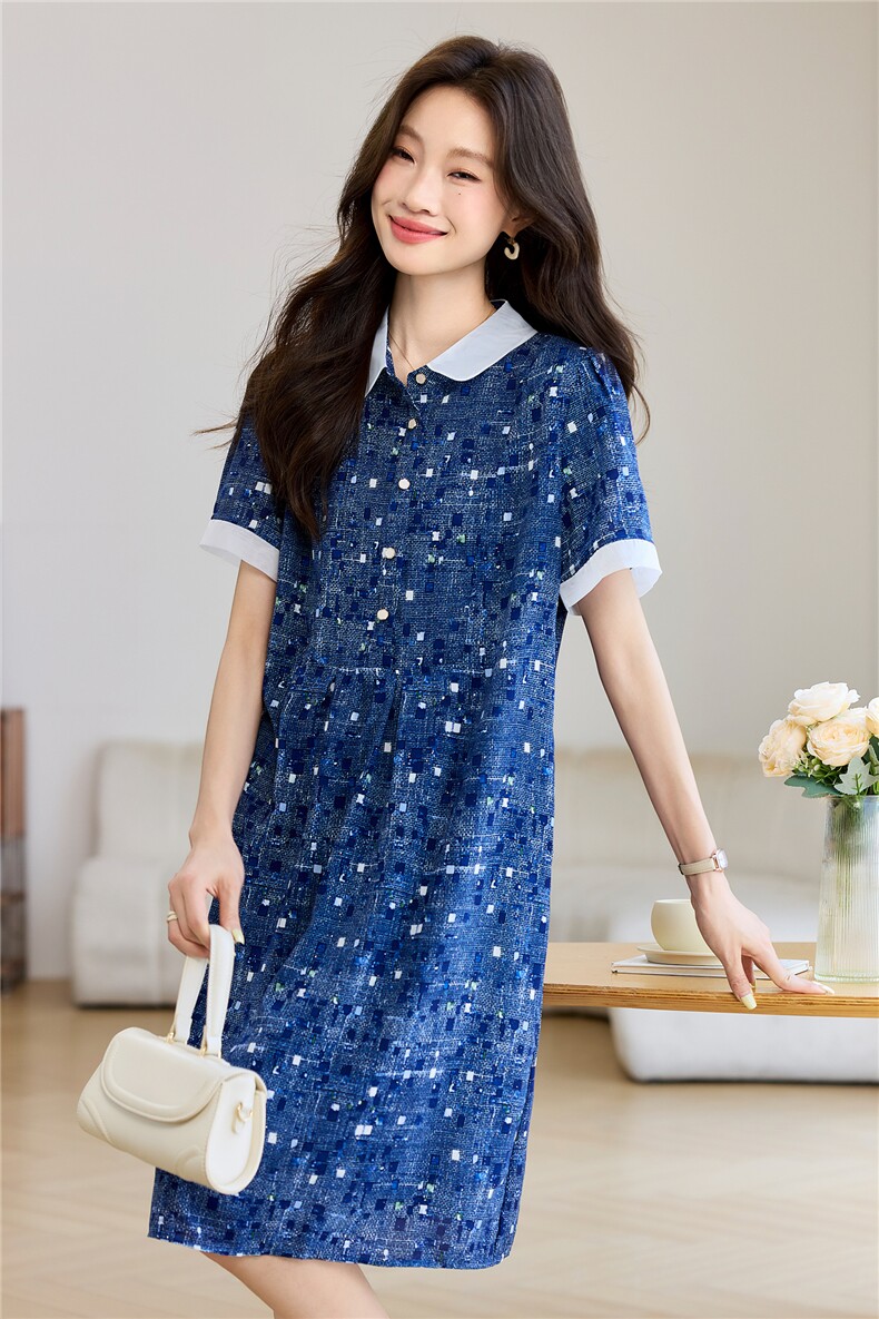2025年夏季时尚休闲碎花娃娃领优雅气质连衣裙,女装连衣裙,依恋蒂丝