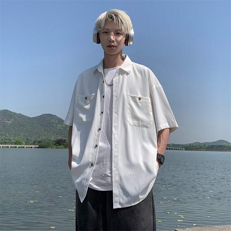 美式ins高街冰丝宽松短袖衬衣货号CY25157P4068,男装衬衫,电商A063
