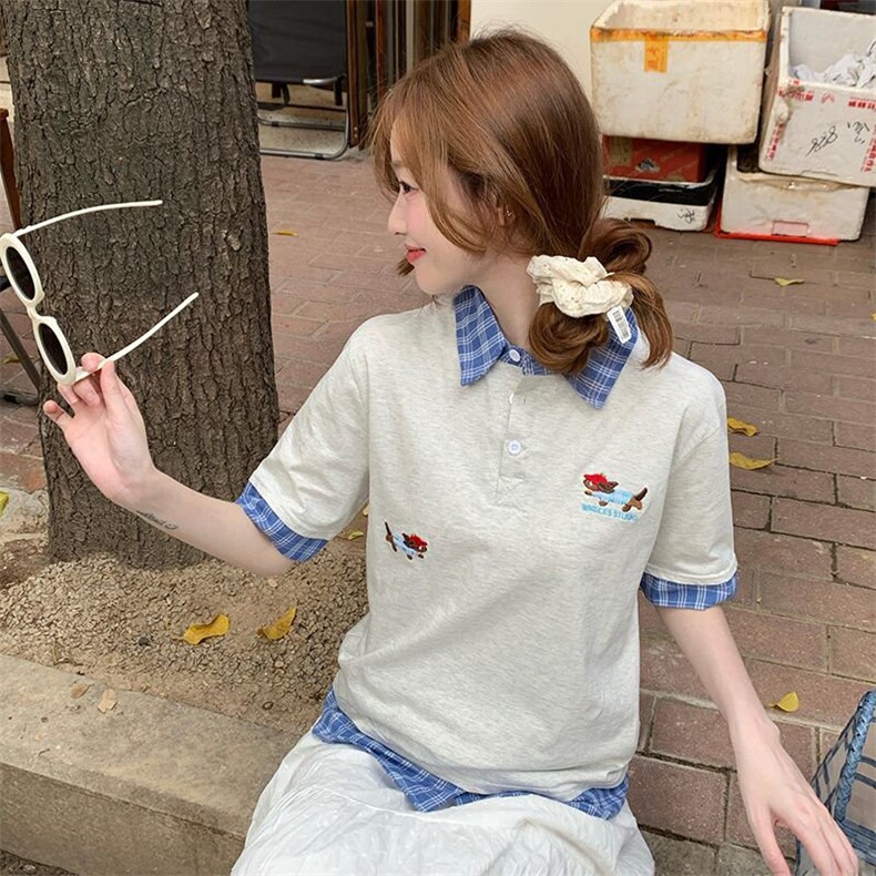 H0712-P43短袖t恤夏2026新款假两件卡通刺绣翻领上衣韩版女装,男装T恤,星座617A-2