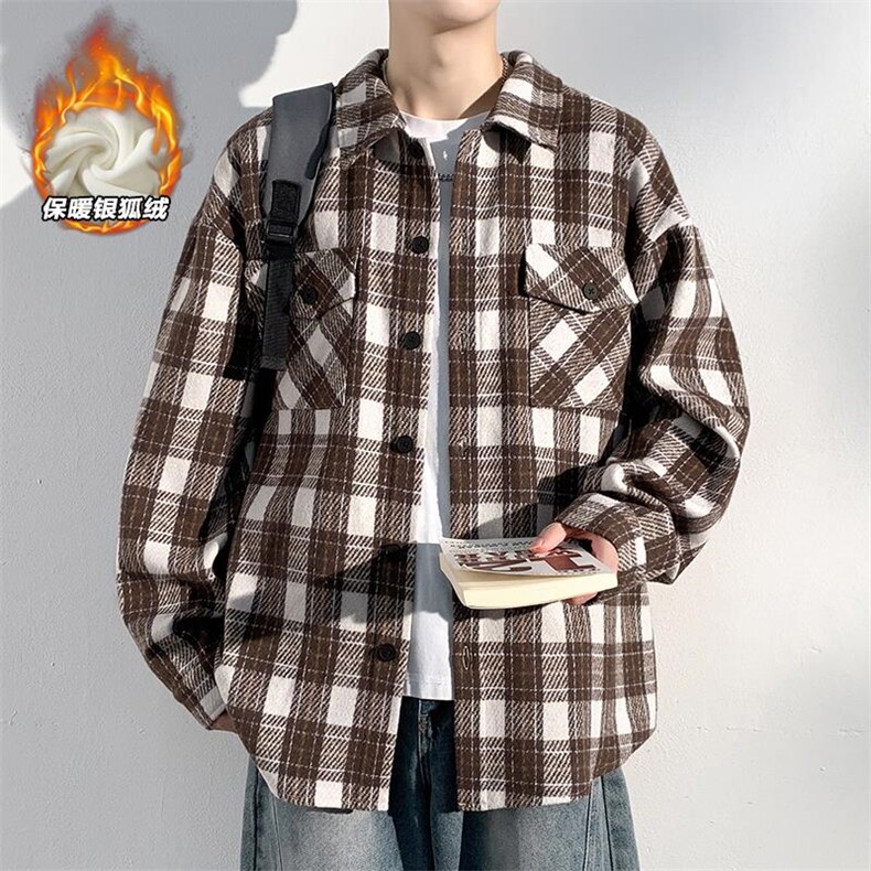 新款加绒银狐绒潮流毛呢格子衬衫重磅480g男J5283J加绒-特P48控98，男装衬衫，电商A001