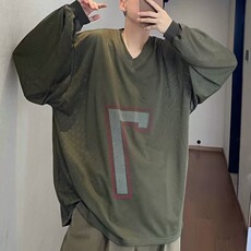重磅长袖t恤男秋季美式字母潮牌ins宽松大码V领潮流体恤上衣，男装T恤，星座1210-1