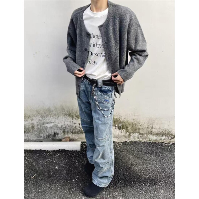 重磅秋冬男女北极绒开衫毛衣美式复古休闲慵懒风单排扣针织衫外套,男装针织衫/毛衣,电商A486-1