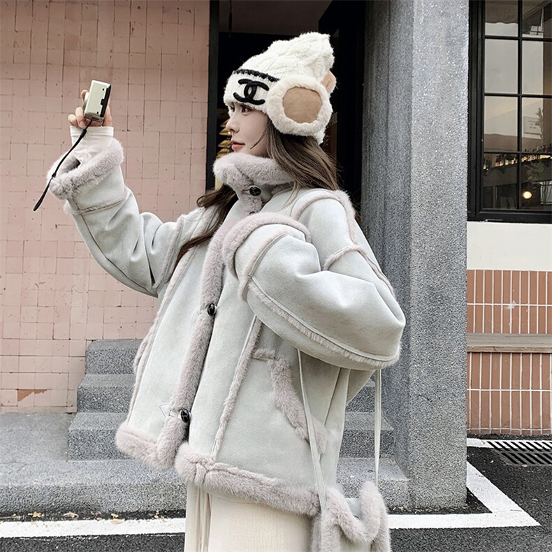 灰蓝色皮毛一体外套女秋冬2025加绒加厚羊羔毛慵懒风麂皮夹克棉服图片