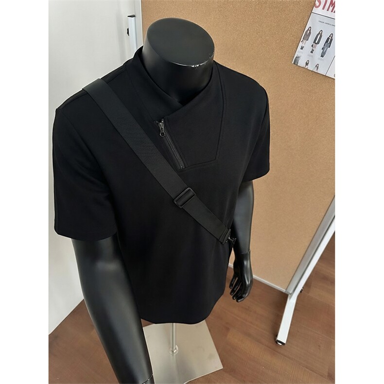 美式复古重磅短袖T恤男立领拉链宽松型休闲百搭上衣T3718-特价P26，男装T恤，电商A007