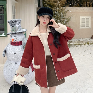 红色皮毛一体羊羔毛外套女2025秋冬新款小个子加绒加厚保暖棉服潮图片