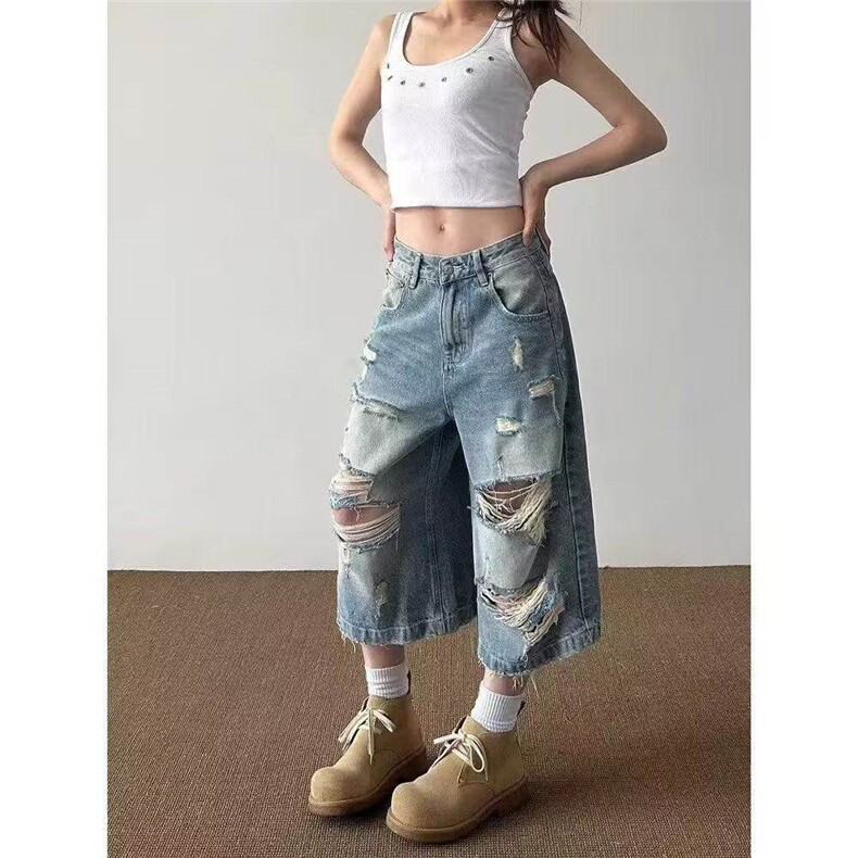高质量美式复古高街潮牌乞丐破洞牛仔七分裤男女宽松垂感夏季,男装牛仔裤,星座613