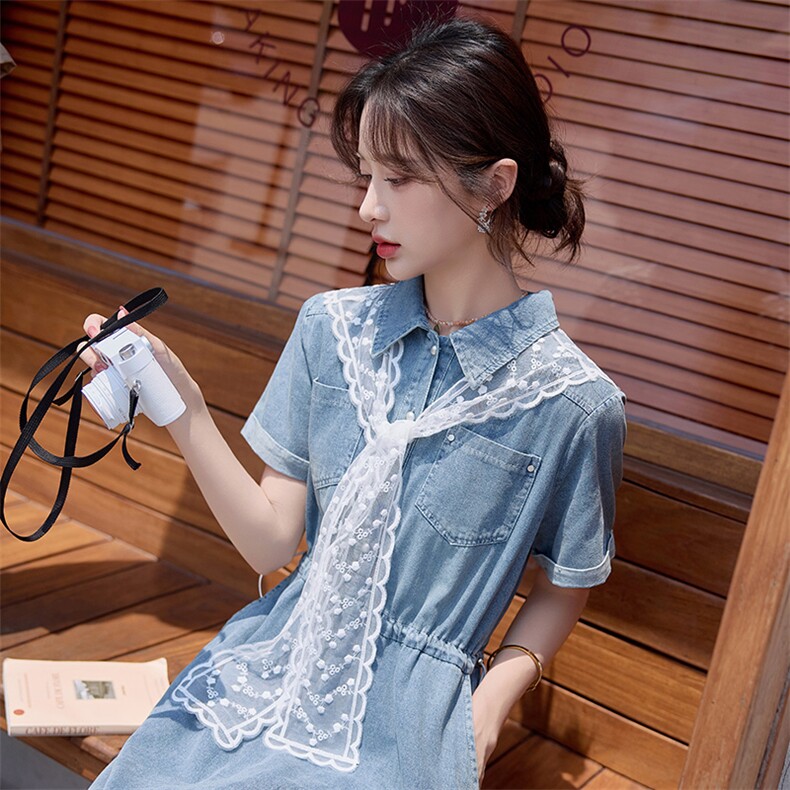 复古蕾丝披肩牛仔连衣裙女2025夏季新款气质减龄中长款连裙子女,女装连衣裙,依路服饰