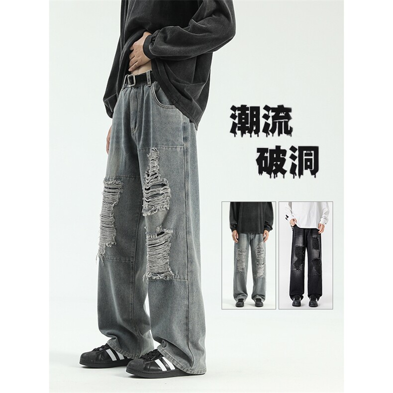 百搭款潮牌直筒休闲长裤假破洞牛仔裤2024升级版K606TP48控78图片