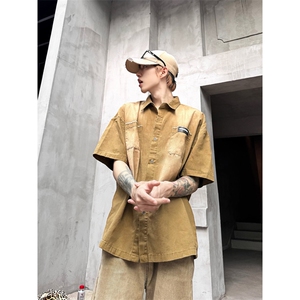 美式复古潮牌水洗设计感短袖衬衫学院风情侣衬衣男上衣CS155-p52图片