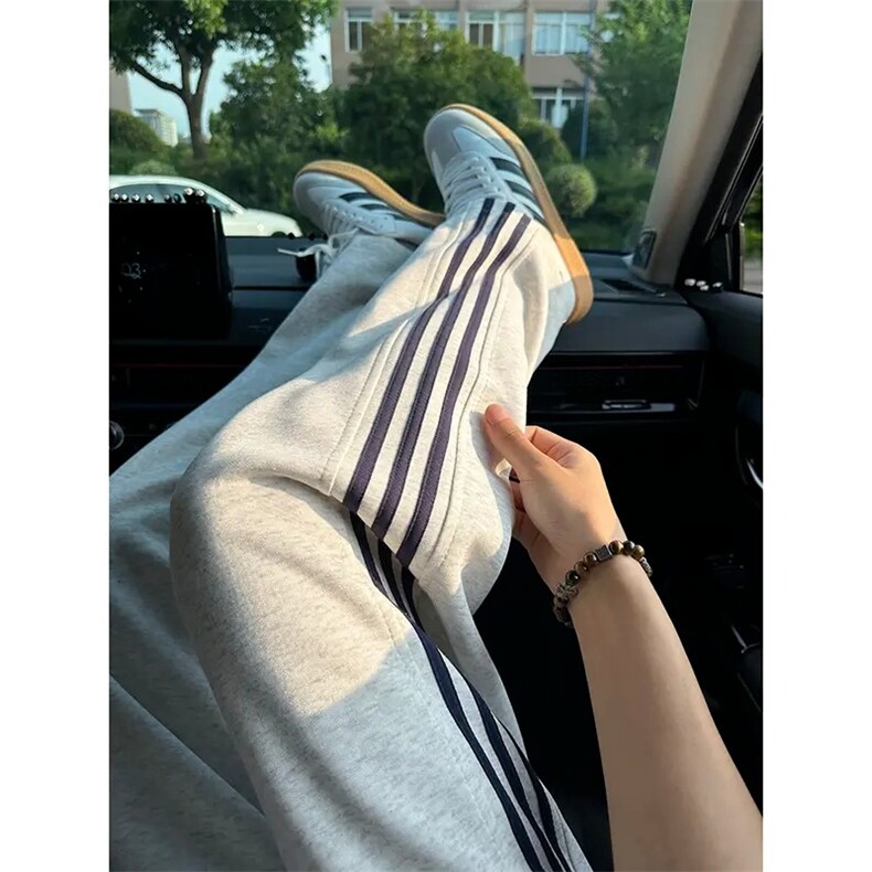 白灰色条纹运动裤女春秋季2025新款阔腿直筒裤休闲小个子宽松卫裤,男装休闲裤,星座506A