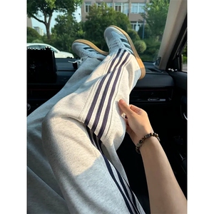 白灰色条纹运动裤女春秋季2025新款阔腿直筒裤休闲小个子宽松卫裤图片