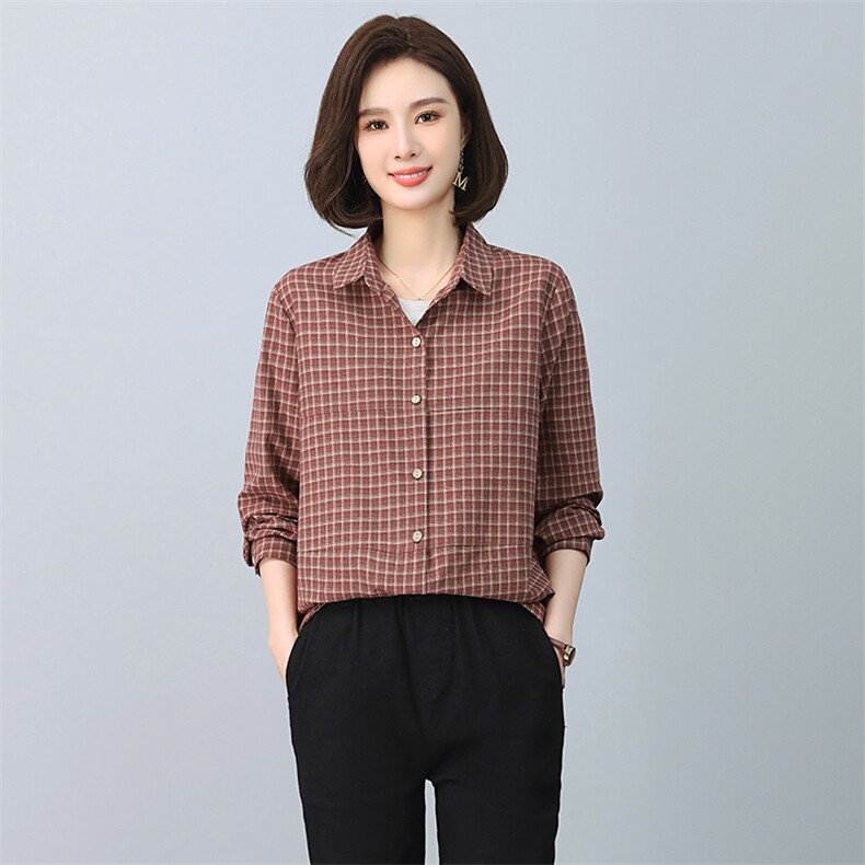 纯棉格子衬衫女春秋薄款2025年新款宽松长袖衬衣时尚休闲外穿上衣,女装衬衫,独衣靓