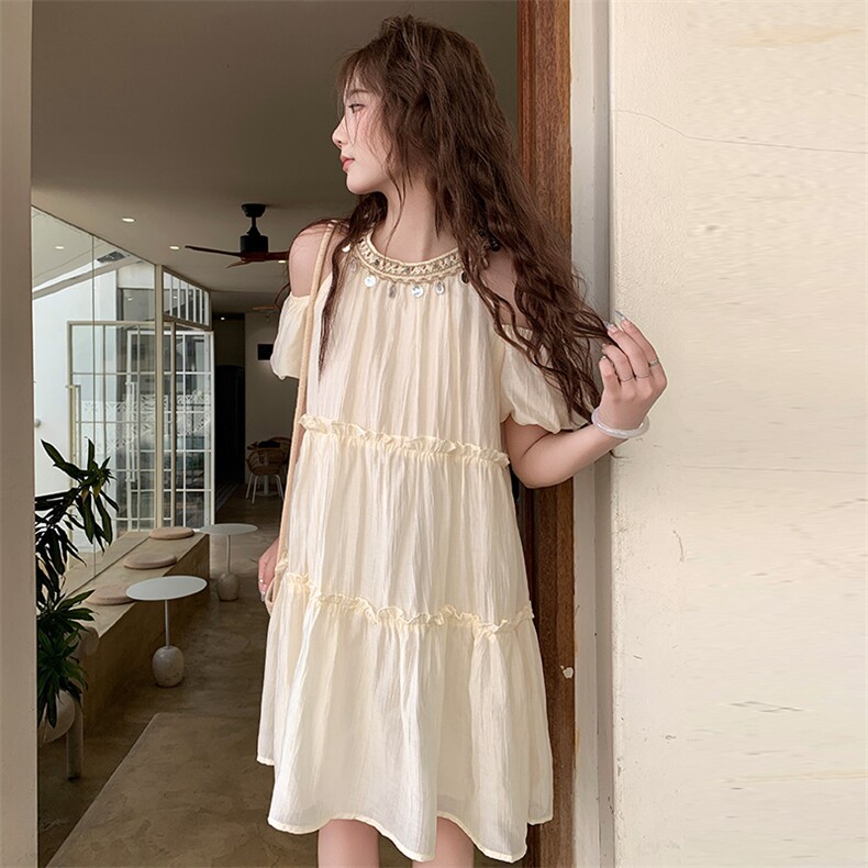 法式绝美超仙露肩连衣裙女2025夏季新款超好看亮片拼接度假风裙子，女装套装/套裙，网红馆