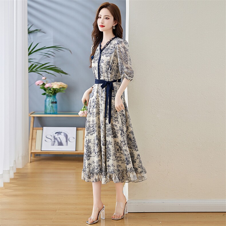 《现货新品》轻薄中袖气质舒适印花连衣裙,女装连衣裙,魅丽静蓝