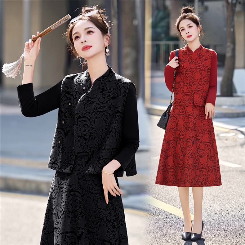 2026年春季新款女装时尚气质新中式提花三件套婚礼红色晚宴会礼服,女装套装/套裙,关键词
