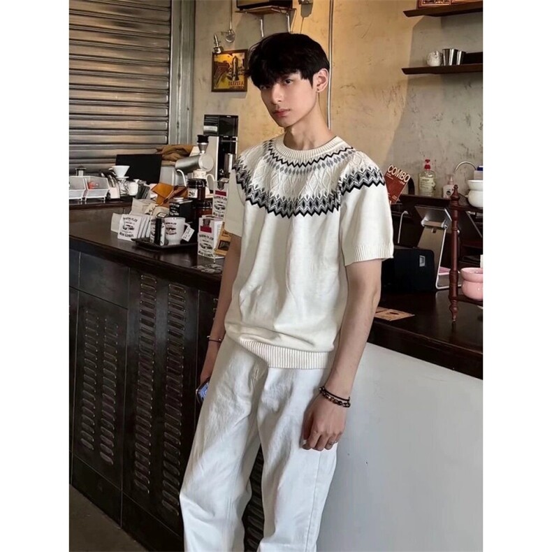 感针织短袖t恤男女夏季美式复古宽松慵懒提花半袖上衣DTX671,男装T恤,星座208-5