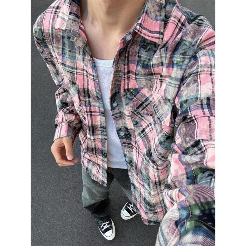 【有货】粉色格子衬衫男女款vintage美式复古长袖衬衣C54HH-特P45,男装衬衫,星座1007（原301D）