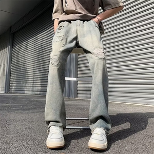 美式vibe风裤子高街潮牌黄泥染水洗破洞牛仔裤男复古街头阔腿长裤图片