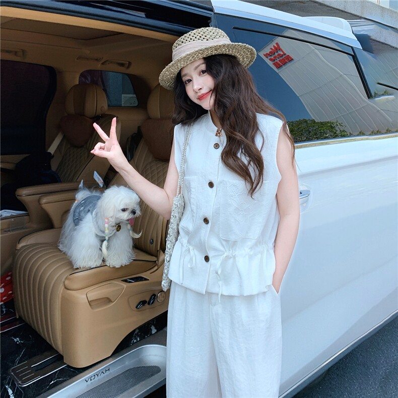 轻熟气质套装裤女2026夏季新款高级感刺绣无袖马甲阔腿裤两件套,女装套装/套裙,流量+