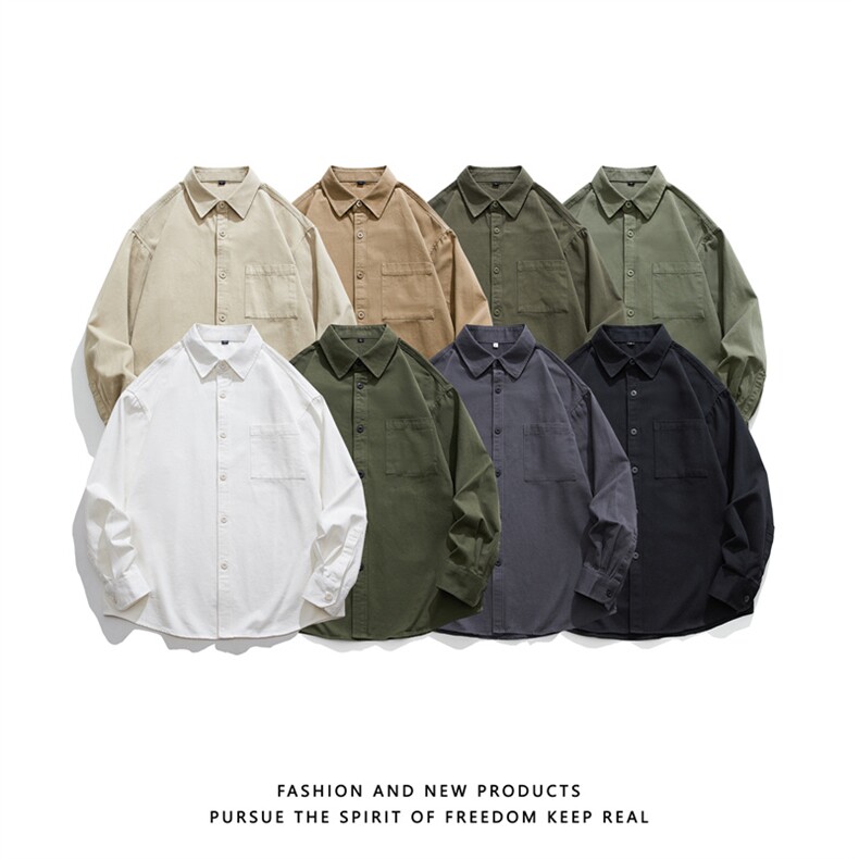 军绿色长袖衬衫男款春季高级感cleanfit工装外套潮牌痞帅翻领衬衣，男装衬衫，星座1302