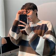 MY16撞色条纹圆领衫毛衣男复古条纹针织衫打底衫宽松慵懒风毛线衣，男装T恤，星座308A-1（原309B-1）