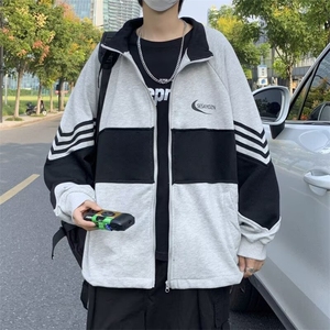 春季拼色开衫卫衣外套男宽松运动夹克立领港风学生上衣服 Y40图片