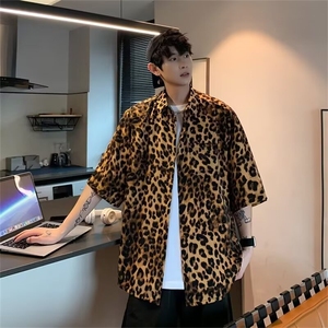 夏季男衬衫上衣休闲宽松可穿80-300斤港风时尚衬衣外穿薄款豹纹图片